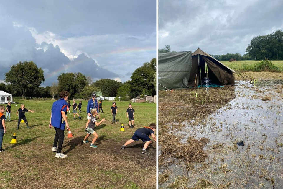 Het hele terrein stond onder water. Links een foto van een vorig kamp van de KSA.